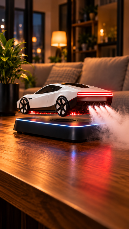 HoverMist Roadster floating above its illuminated base with mist
